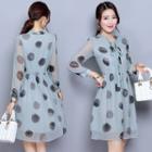3/4-sleeve Dotted A-line Chiffon Dress