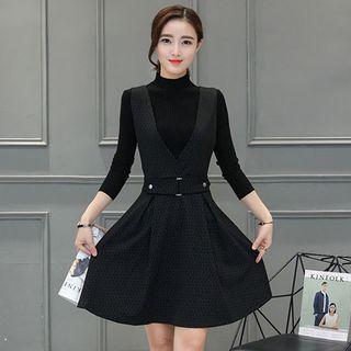 Set: Mock Neck Long-sleeve Top + V-neck Pinafore Dress
