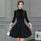 Set: Mock Neck Long-sleeve Top + V-neck Pinafore Dress