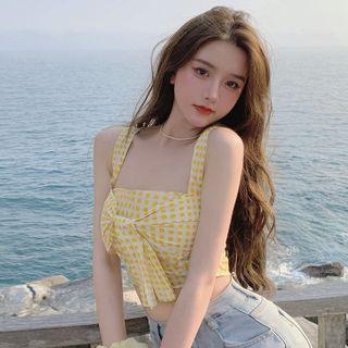 Sleeveless Plaid Top Plaid - Yellow - One Size