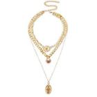 Embossed Pendant Faux Pearl Layered Alloy Necklace Gold - One Size