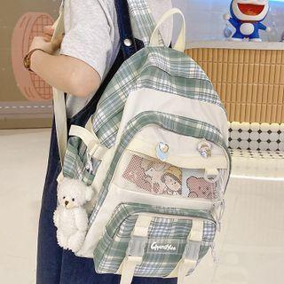 Mesh Panel Plaid Buckled Backpack