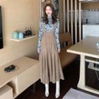 Set : Half-high Collar Floral Long-sleeved Top + Corduroy Dress
