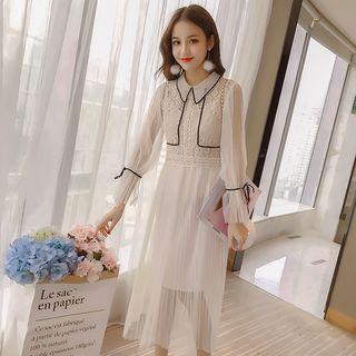 Set: Long-sleeve Lace Panel Sheer Midi Dress + Slipdress