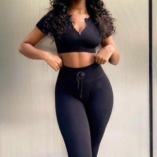 Sports Set: Short-sleeve Crop Top + Drawstring Pants