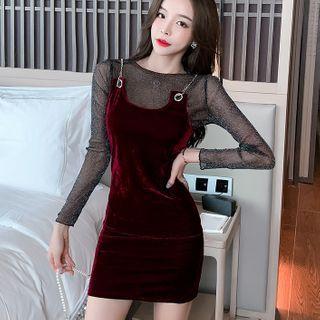 Set: Long-sleeve Mesh Top + Sleeveless Velvet Dress