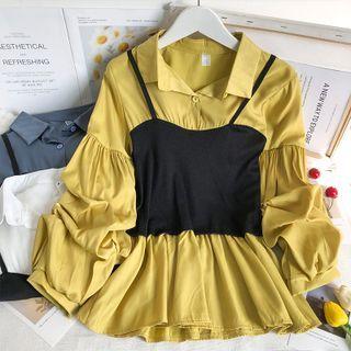 Patchwork Mock Two-piece Peplum Blouse