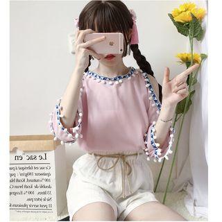 Contrast Trim Cold-shoulder 3/4-sleeve Blouse / Plain Shorts