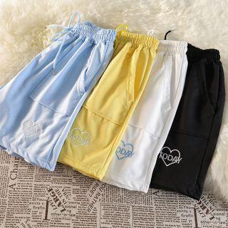 High-waist Heart Embroidered Drawstring Shorts