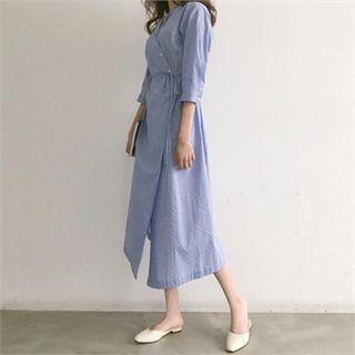 Surplice-wrap Stripe Long Shirtdress With Sash