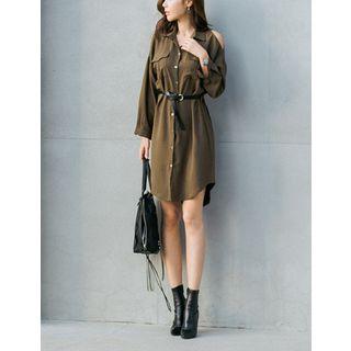 Cutout-shoulder Pocket-detail Shirtdress With Belt