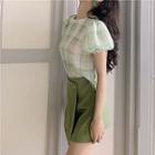 Set: Puff-sleeve Plaid Top + Mini A-line Skirt