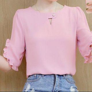 Plain Cutout Ruffle Trim Short-sleeve Blouse