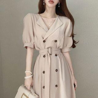 Double-breasted Puff-sleeve Midi A-line Dress