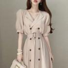 Double-breasted Puff-sleeve Midi A-line Dress