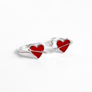 925 Sterling Silver Heart & Arrow Cuff Earring Heart - Red & Silver - One Size