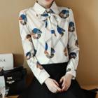 Bow Accent Printed Long Sleeve Chiffon Blouse
