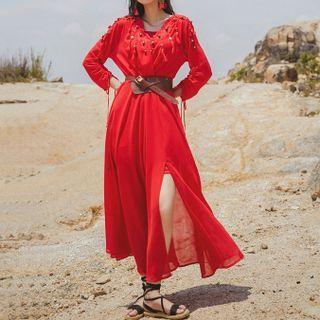 3/4-sleeve Tasseled Beaded Midi A-line Dress / Slipdress / Waist Belt / Shawl / Set