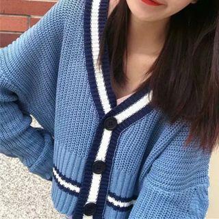 Long Sleeve Contrast-trim V-neck Cardigan