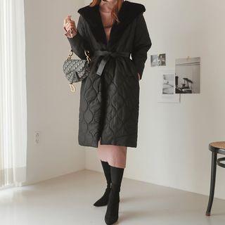Faux-fur Trim Quilted Coat With Belt Black - One Size