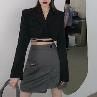 Tie-waist Cropped Blazer Black - One Size