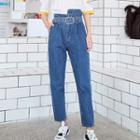 High-waist Asymmetrical Washed Jeans