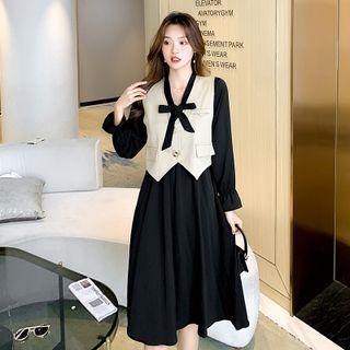 Set: Long-sleeve Bow Accent Midi Dress + Pocket Vest