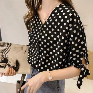 Polka Dot Elbow-sleeve V-neck Chiffon Blouse