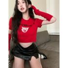 Set: Short-sleeve Knit Top + Arm Sleeve Set - Red - One Size