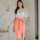 Set: Short-sleeve Lace Blouse + Bow Accent Pencil Skirt