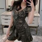 Cold-shoulder Glitter Mini A-line Dress