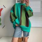 Round-neck Color Block Long-sleeve Sweater Green & Blue - One Size