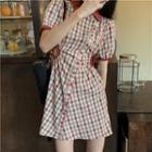 Puff-sleeve Plaid Cutout Mini A-line Dress Plaid - Gray & Red - One Size