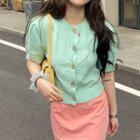 Short-sleeve Button-up Knit Top Mint Green - One Size