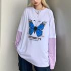 Butterfly Print Long-sleeve Mock Two-piece T-shirt