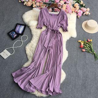 Puff-sleeve Pleated Wide Leg Jumpsuit
