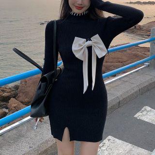 Bow Bodycon Slit Knit Dress Black - One Size