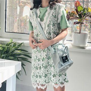 Set: Sleeveless Lace Mini Dress + Short-sleeve Long Top