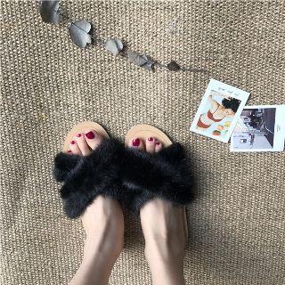 Cross Furry Strap Flat Slide Sandals