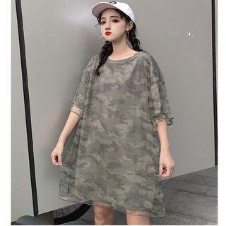 Elbow-sleeve Mesh Overlay Camo Print Mini T-shirt Dress
