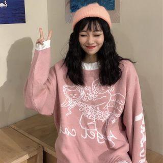 Cartoon Patterned Round Neck Sweater