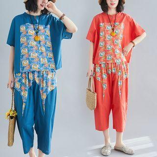Set: Short-sleeve Print Panel T-shirt + Wide-leg Pants