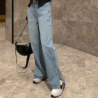 High-waist Slit-hem Wide-leg Jeans