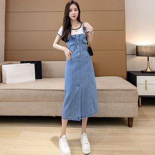 Single-breasted Hem-slit Denim Jumper Dress