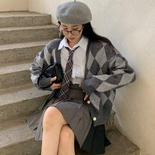 Argyle Cardigan / Pleated Mini A-line Skirt / Shirt / Neck-tie