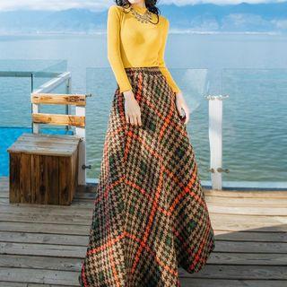 Set: Long-sleeve Mock Neck Knit Top + Houndstooth Maxi A-line Skirt