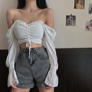 Square-neck Ruched Drawstring Cropped Long-sleeve Top