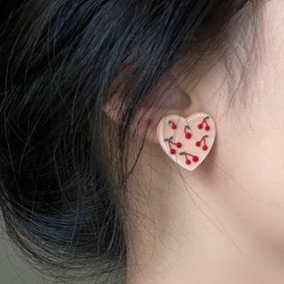 Cherry Print Heart Earring 1 Pair - 1973a - Pink & Red - One Size