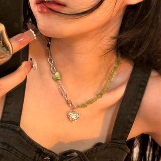 Heart Chain Necklace 1pc - Silver & Green - One Size