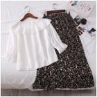 Set: Bell-sleeve Chiffon Top + Floral Printed Button Midi Skirt White - S